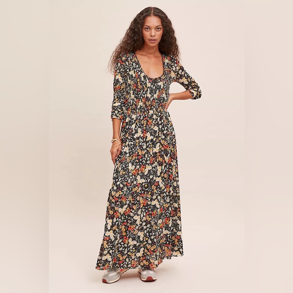 NEW Anthropologie Maeve Floral Omya Smocked Fit & Flare Maxi Dress S